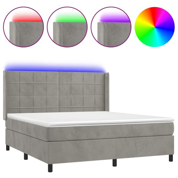 vidaXL Cama box spring c/ colchão/LED 160x200 cm veludo cinzento-claro