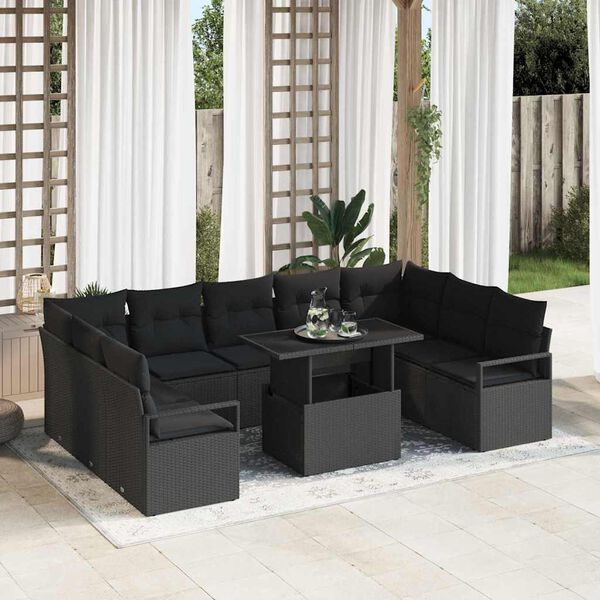 vidaXL Conjunto de Sof&aacute; de Jardim com almofada 10 pcs Preto vime PE