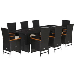 vidaXL 9 pcs conjunto de jantar p/ jardim c/ almofad&otilde;es vime PE preto