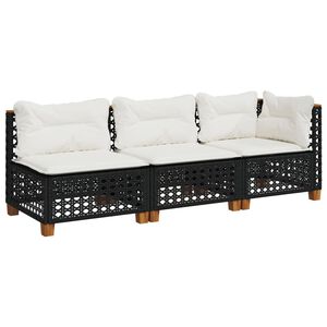 vidaXL Sof&aacute; de jardim 3 lugares com almofad&otilde;es vime PE preto