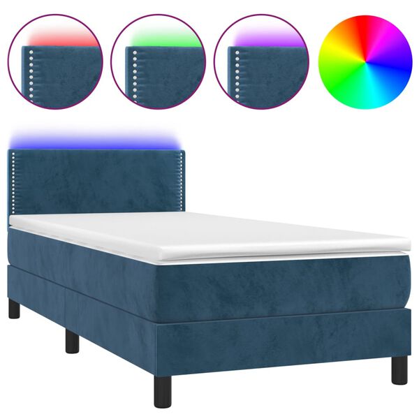 vidaXL Cama box spring c/ colch&atilde;o/LED 90x200 cm veludo azul-escuro