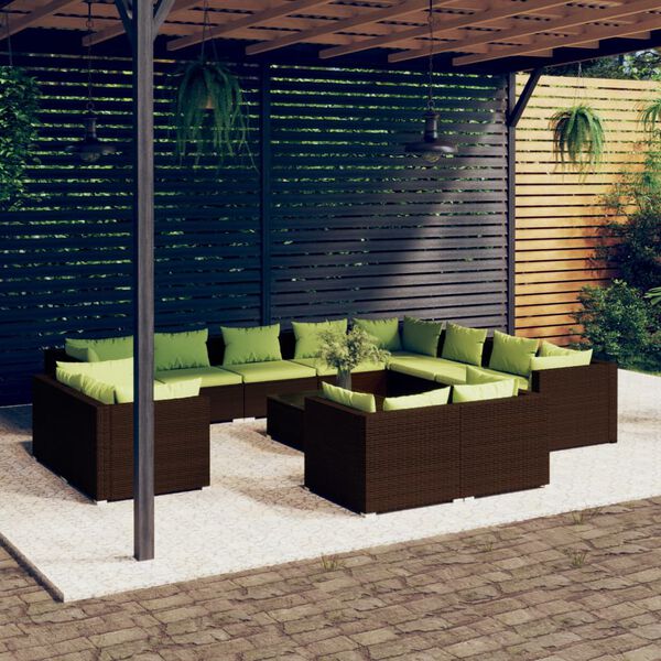 vidaXL 13 pcs conjunto lounge de jardim c/ almofad&otilde;es vime PE castanho