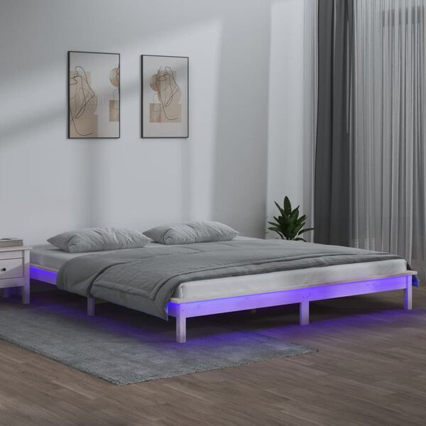 vidaXL Estrutura cama super king c/LED 180x200cm madeira maci&ccedil;a branco