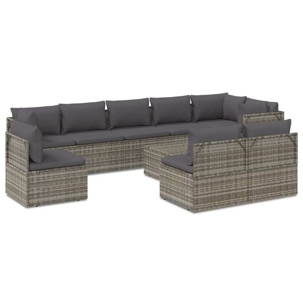 vidaXL 10 pcs conjunto lounge de jardim c/ almofad&otilde;es vime PE cinzento