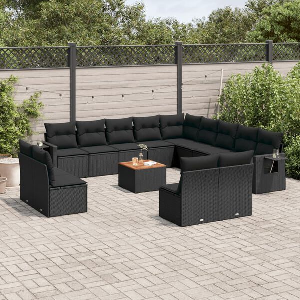 vidaXL 14 pcs conjunto de sof&aacute;s p/ jardim c/ almofad&otilde;es vime PE preto