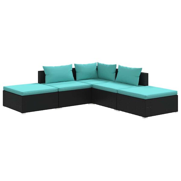 vidaXL 5 pcs conjunto lounge de jardim c/ almofad&otilde;es vime PE preto