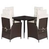 vidaXL 5 pcs conjunto jantar p/ jardim c/ almofad&otilde;es vime PE castanho