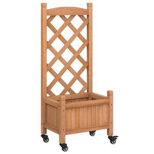 vidaXL Vaso/floreira com treli&ccedil;a e rodas madeira abeto maci&ccedil;a castanho