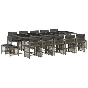 vidaXL 15 pcs conjunto jantar p/ jardim c/ almofad&otilde;es vime PE cinzento