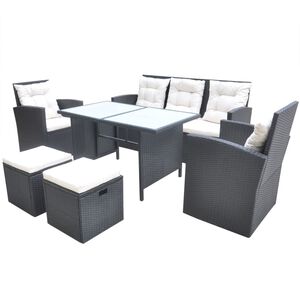 vidaXL 6 pcs conjunto jantar exterior com almofad&otilde;es vime PE preto