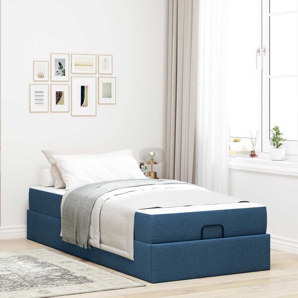 vidaXL Estrutura de cama com colch&atilde;o com colch&atilde;o 2 pcs Azul tecido