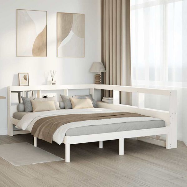 vidaXL Cama com estante sem colchão 135x190 cm pinho maciço branco