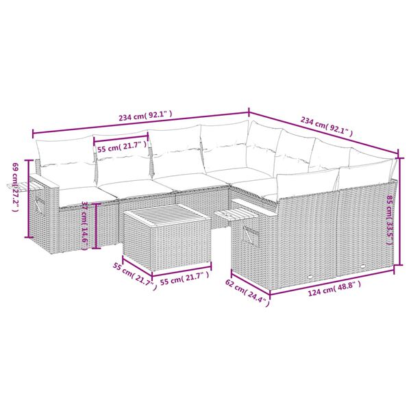 vidaXL 9 pcs conjunto de sof&aacute;s p/ jardim com almofad&otilde;es vime PE bege