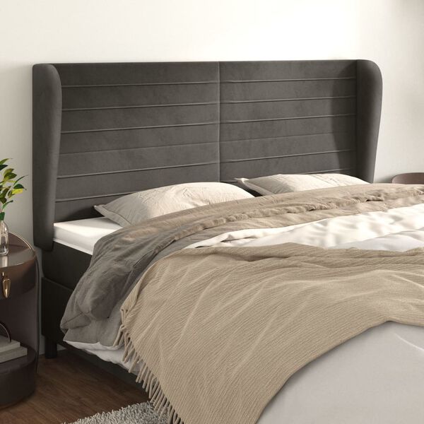 vidaXL Cabeceira cama c/ abas veludo 183x23x118/128 cm cinzento-escuro