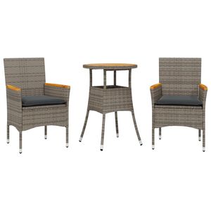 vidaXL 3 pcs conjunto jantar jardim c/ almofad&otilde;es vime PE/ac&aacute;cia cinza