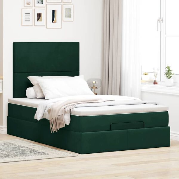 vidaXL Estrutura de cama otomana com colch&otilde;es verde escuro Veludo