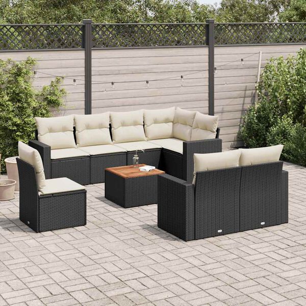 vidaXL 9 pcs conjunto de sof&aacute;s p/ jardim c/ almofad&otilde;es vime PE preto