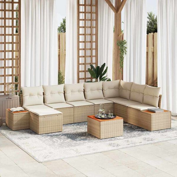 vidaXL Conjunto de Sof&aacute; de Jardim 9 pcs Bege e Creme Polirattan