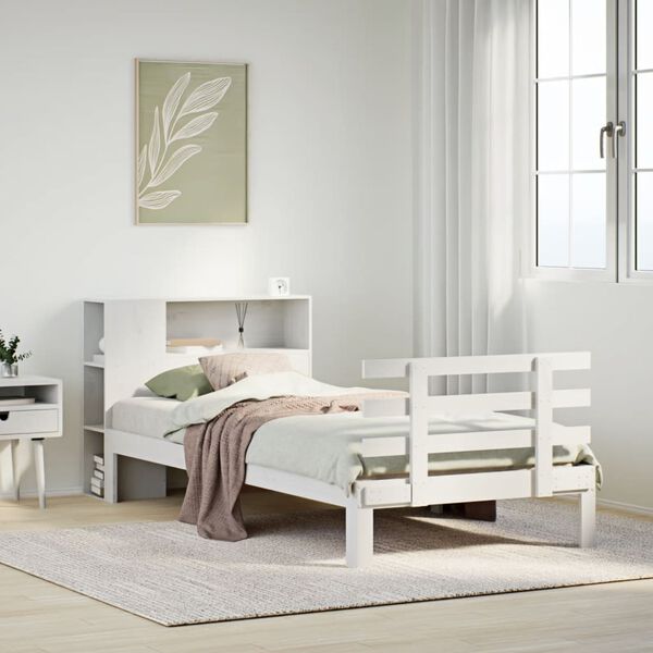 vidaXL Cama com estante sem colchão 75x190 cm pinho maciço branco