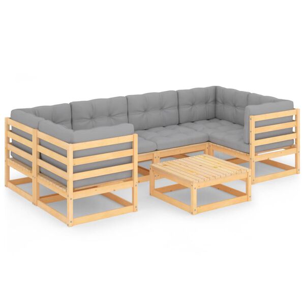 vidaXL 7 pcs conjunto lounge de jardim c/ almofad&otilde;es pinho maci&ccedil;o