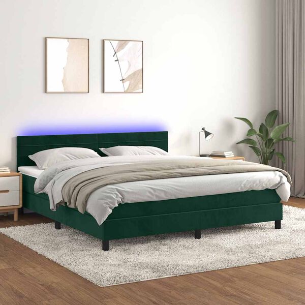 vidaXL Cama box spring c/ colch&atilde;o/LED 160x200 cm veludo verde-escuro