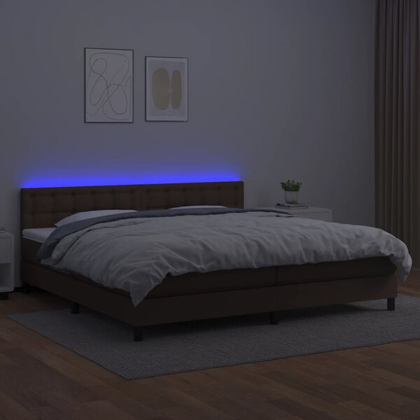 vidaXL Cama box spring c/ colch&atilde;o/LED 200x200 cm couro artif. castanho