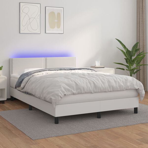 vidaXL Cama box spring c/colch&atilde;o/LED 140x190cm couro artificial branco