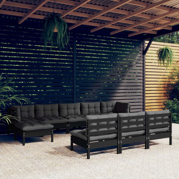 vidaXL 10 pcs conjunto lounge de jardim c/ almofad&otilde;es pinho preto