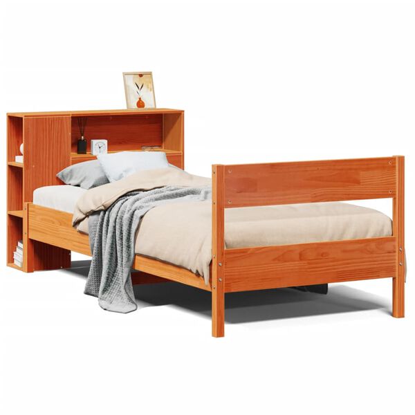 vidaXL Cama com estante sem colchão 75x190cm pinho maciço castanho-mel
