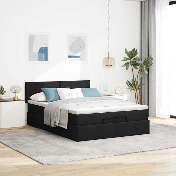 vidaXL Cama Otomana com Colch&atilde;o & LEDs Preto 140x190cm Tecido