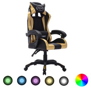 vidaXL Cadeira estilo corrida luzes LED RGB couro artif. dourado/preto