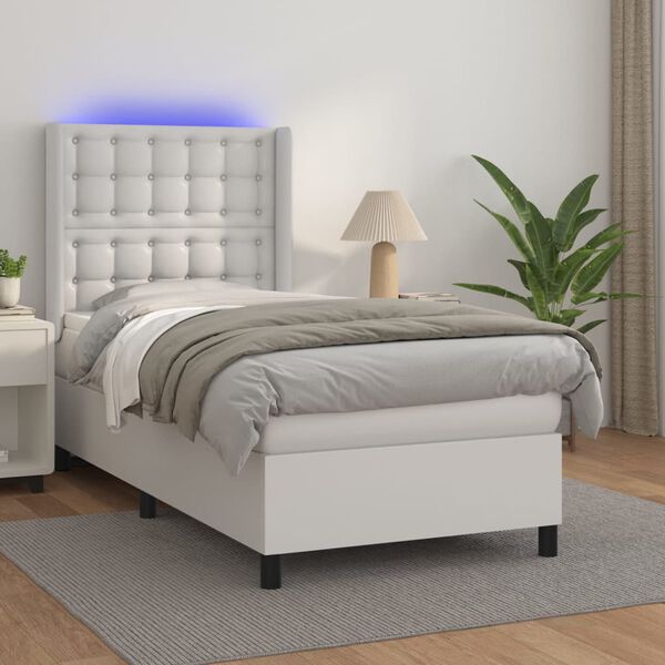vidaXL Cama box spring c/ colch&atilde;o/LED 90x190cm couro artificial branco