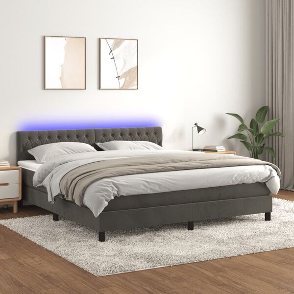vidaXL Cama box spring c/ colch&atilde;o/LED 160x200cm veludo cinzento-escuro