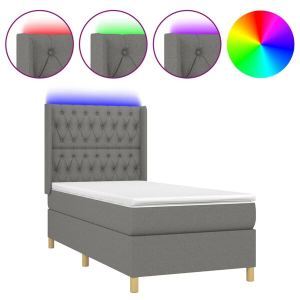 vidaXL Cama box spring c/ colch&atilde;o e LED 90x190 cm tecido cinza-escuro