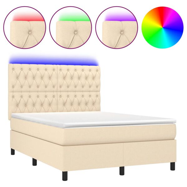 vidaXL Cama box spring c/ colch&atilde;o e LED 140x190 cm tecido cor creme