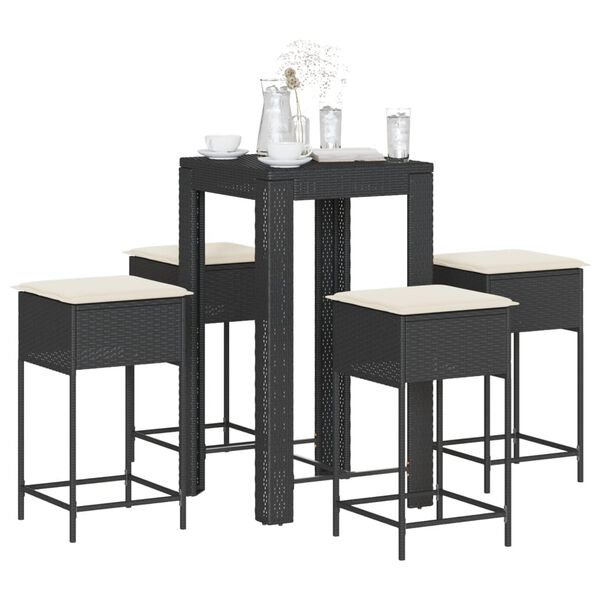 vidaXL 5 pcs conjunto de bar p/ jardim c/ almofad&otilde;es vime PE preto