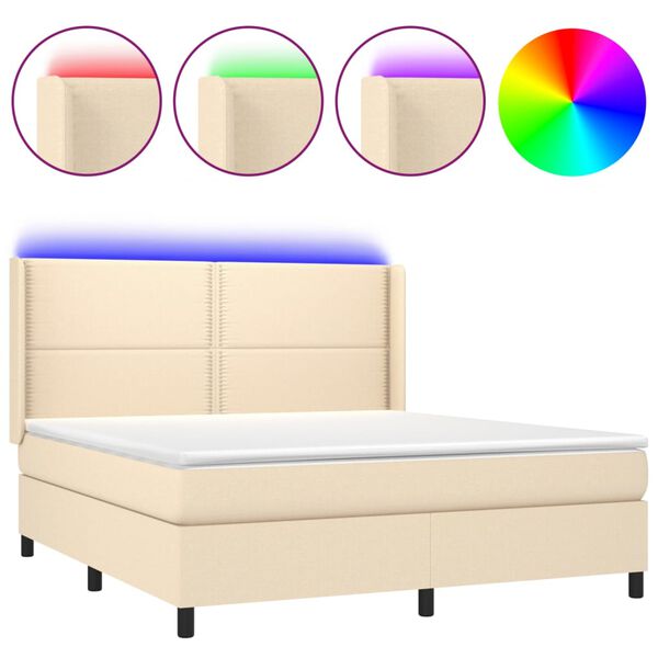 vidaXL Cama box spring c/ colch&atilde;o e LED 180x200 cm tecido cor creme