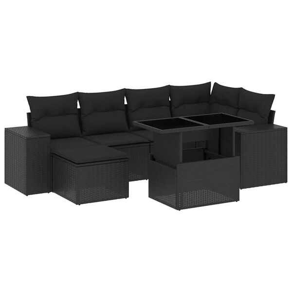 vidaXL 7 pcs conjunto de sof&aacute;s p/ jardim c/ almofad&otilde;es vime PE preto