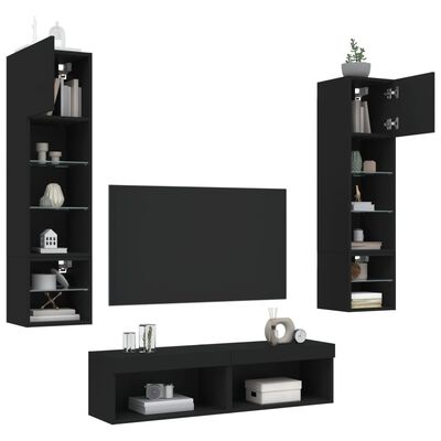 vidaXL 6pcs móveis de parede p/ TV c/ LEDs derivados de madeira preto