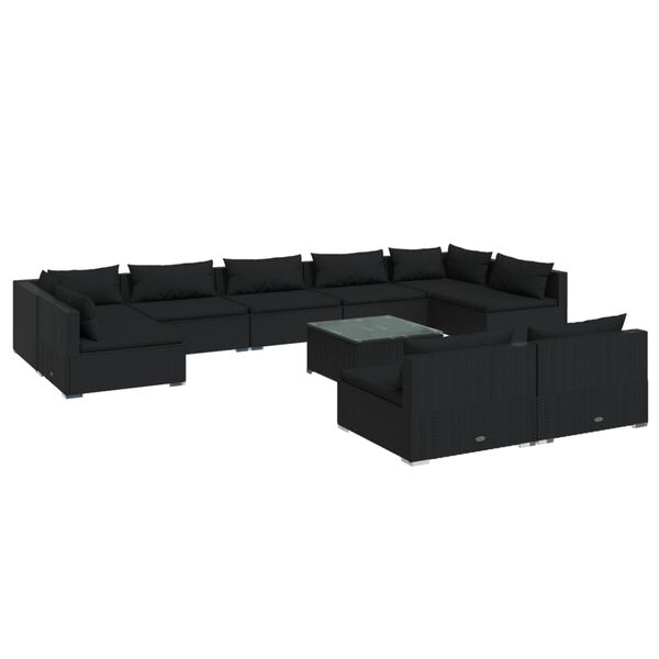 vidaXL 10 pcs conjunto lounge de jardim c/ almofad&otilde;es vime PE preto