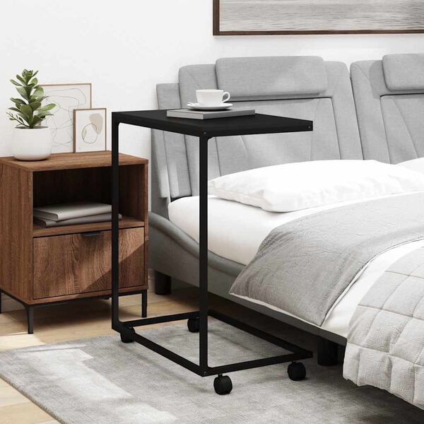 vidaXL Mesa de apoio c/ rodas 55x35x70 cm derivados de madeira preta