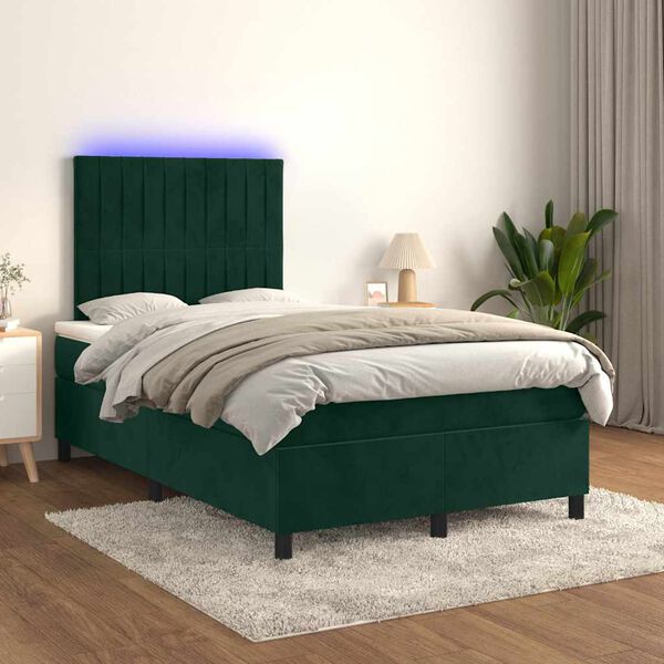 vidaXL Cama box spring c/ colch&atilde;o/LED 120x200 cm veludo verde-escuro