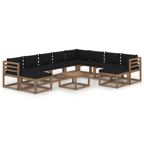 vidaXL 11 pcs conjunto lounge para jardim com almofad&otilde;es pretos