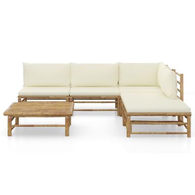 vidaXL 6 pcs conj. lounge p/ jardim em bambu c/ almofadões branco nata