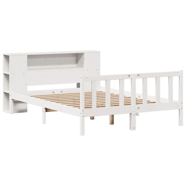 vidaXL Cama com estante sem colch&atilde;o 135x190 cm pinho maci&ccedil;o branco