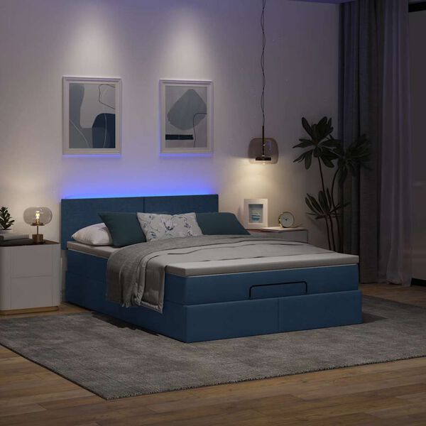 vidaXL Cama Otomana com Colch&atilde;o & LEDs Azul 140x190cm Tecido