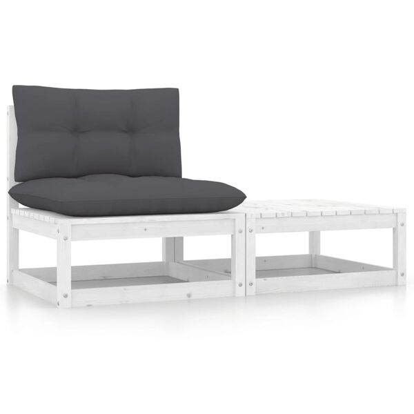 vidaXL 2 pcs conj. lounge de jardim c/ almofadões pinho maciço branco