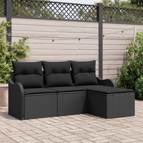 vidaXL Conjunto de Sof&aacute; de Jardim com almofada 4 pcs Preto vime PE