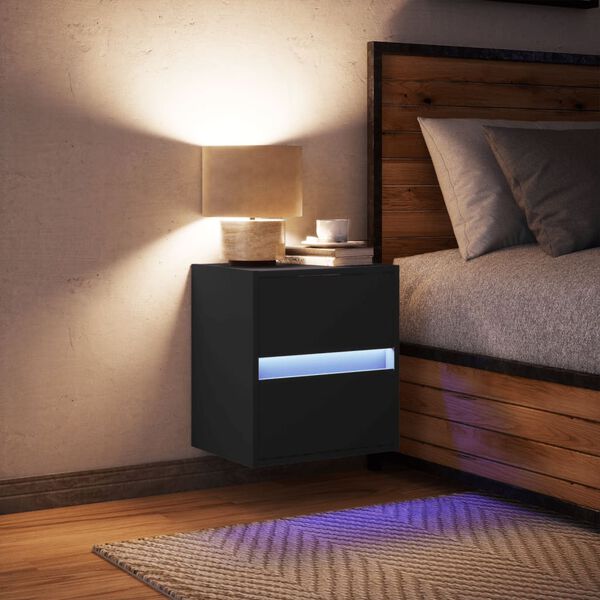 vidaXL Mesa de cabeceira de parede com luzes LED preto
