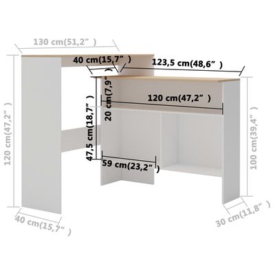 vidaXL Mesa de bar com 2 tampos 130x40x120 cm branco e carvalho